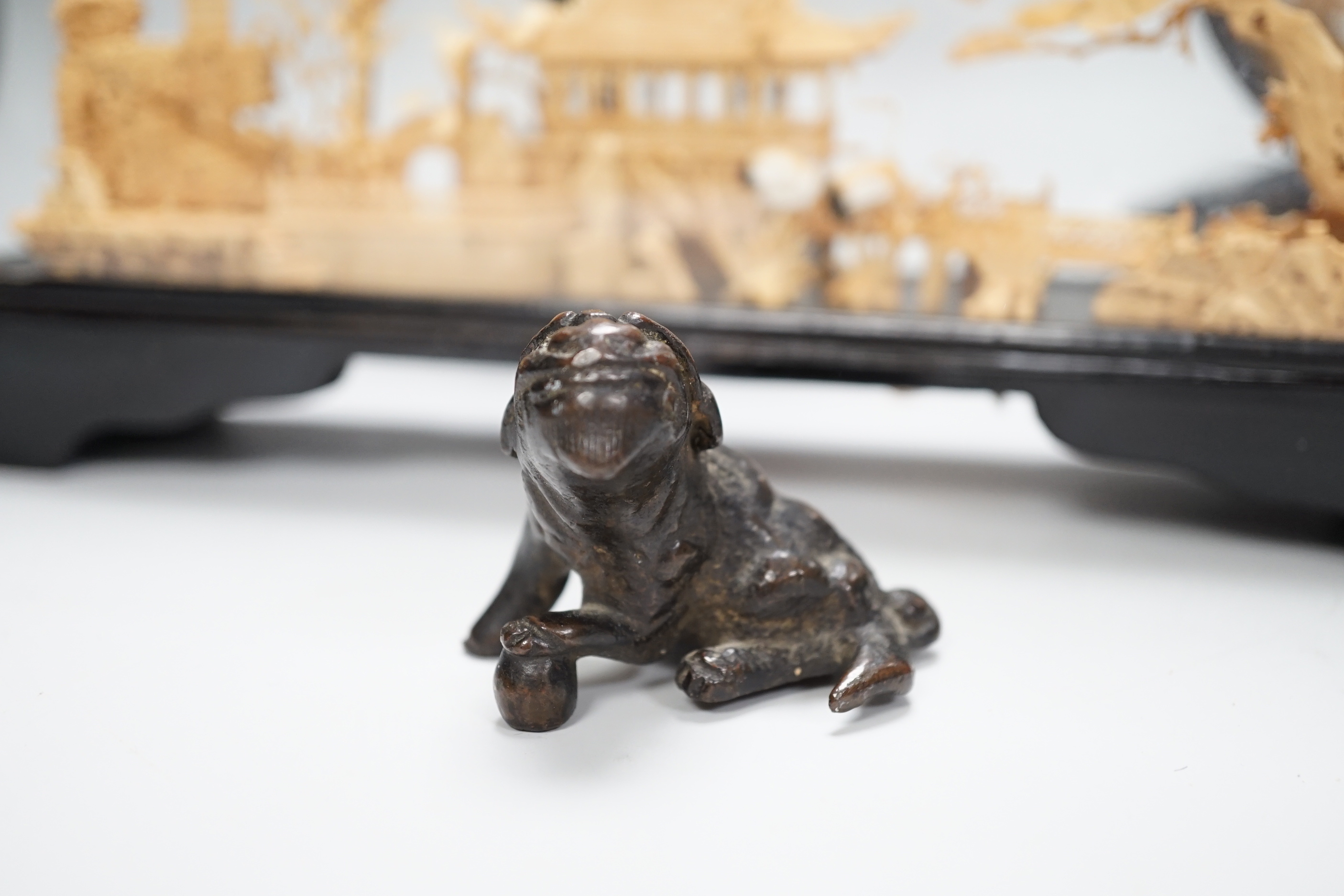 A Japanese bronze koro, a Chinese enamelled porcelain jar and cover jar and two cork dioramas